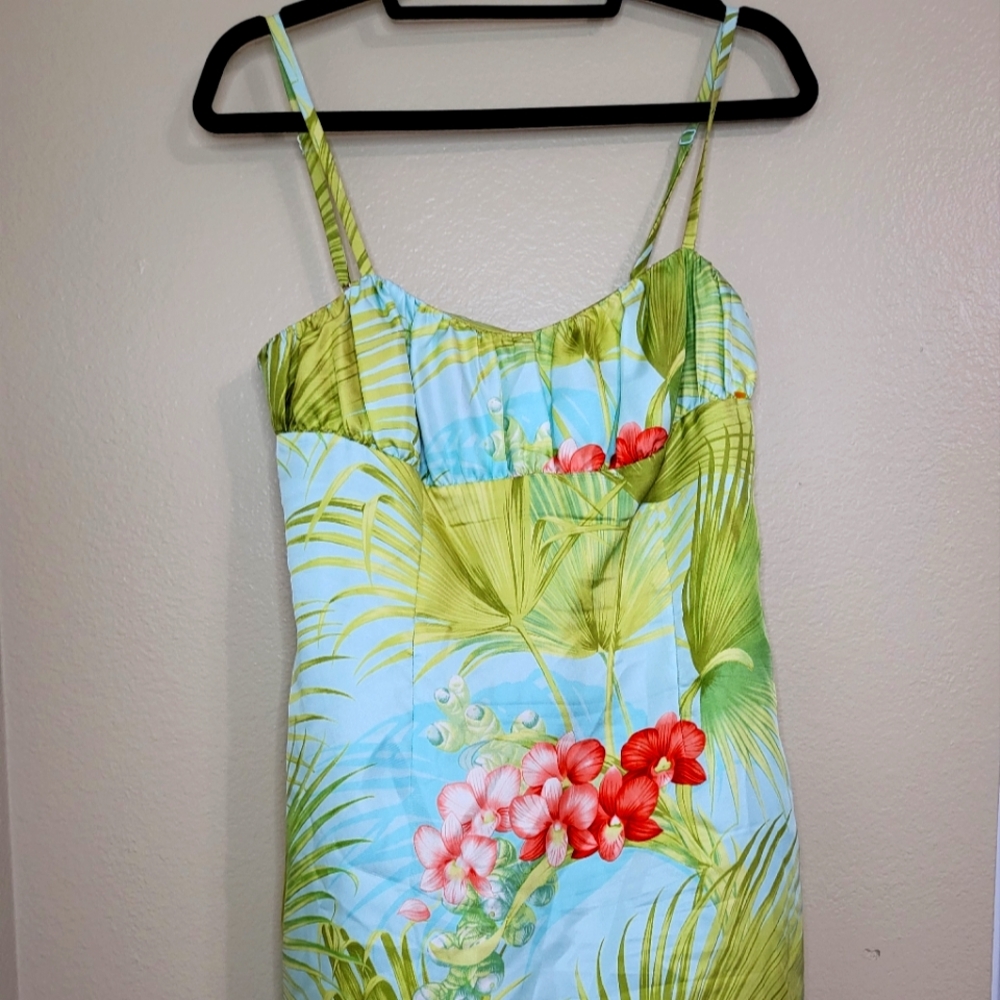 100% silk shell Tommy Bahama tropical vacation mini dress green size 6